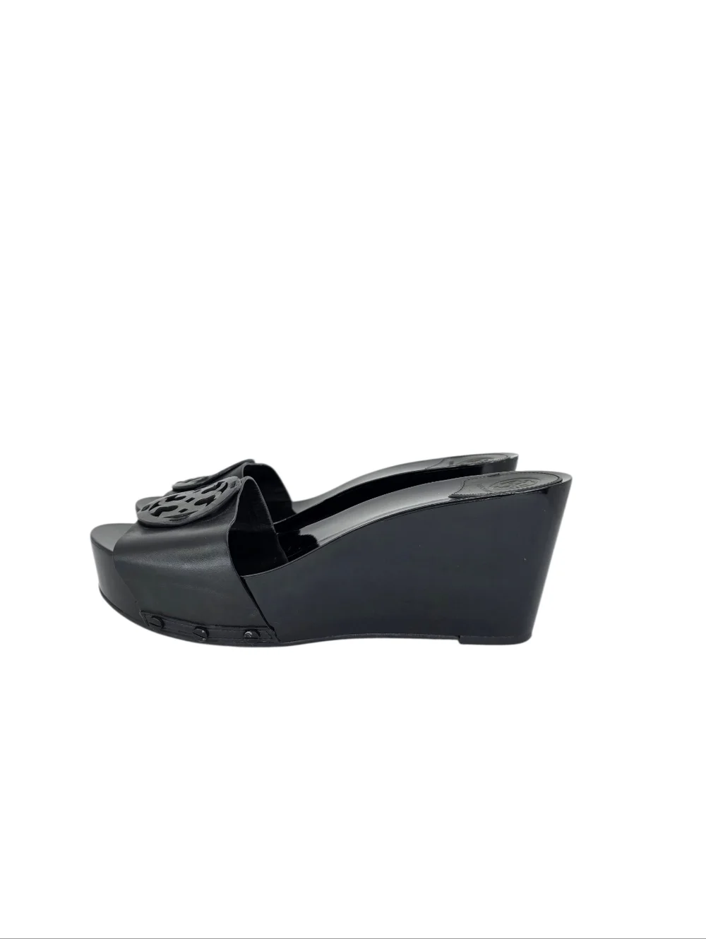 Tory Burch Patti Black Patent Slides Platform Wedge Heels Leather Sandals 9.5M